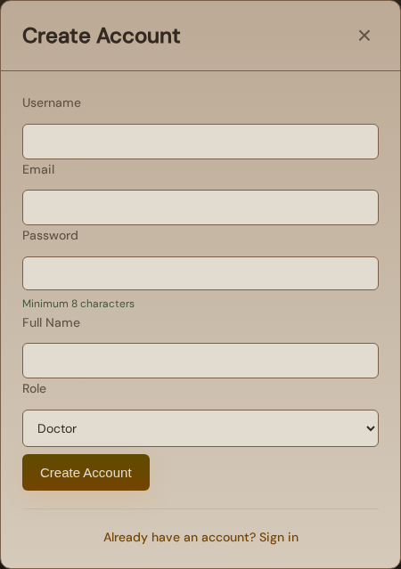 SomaCura Create Account form with the Doctor role selected