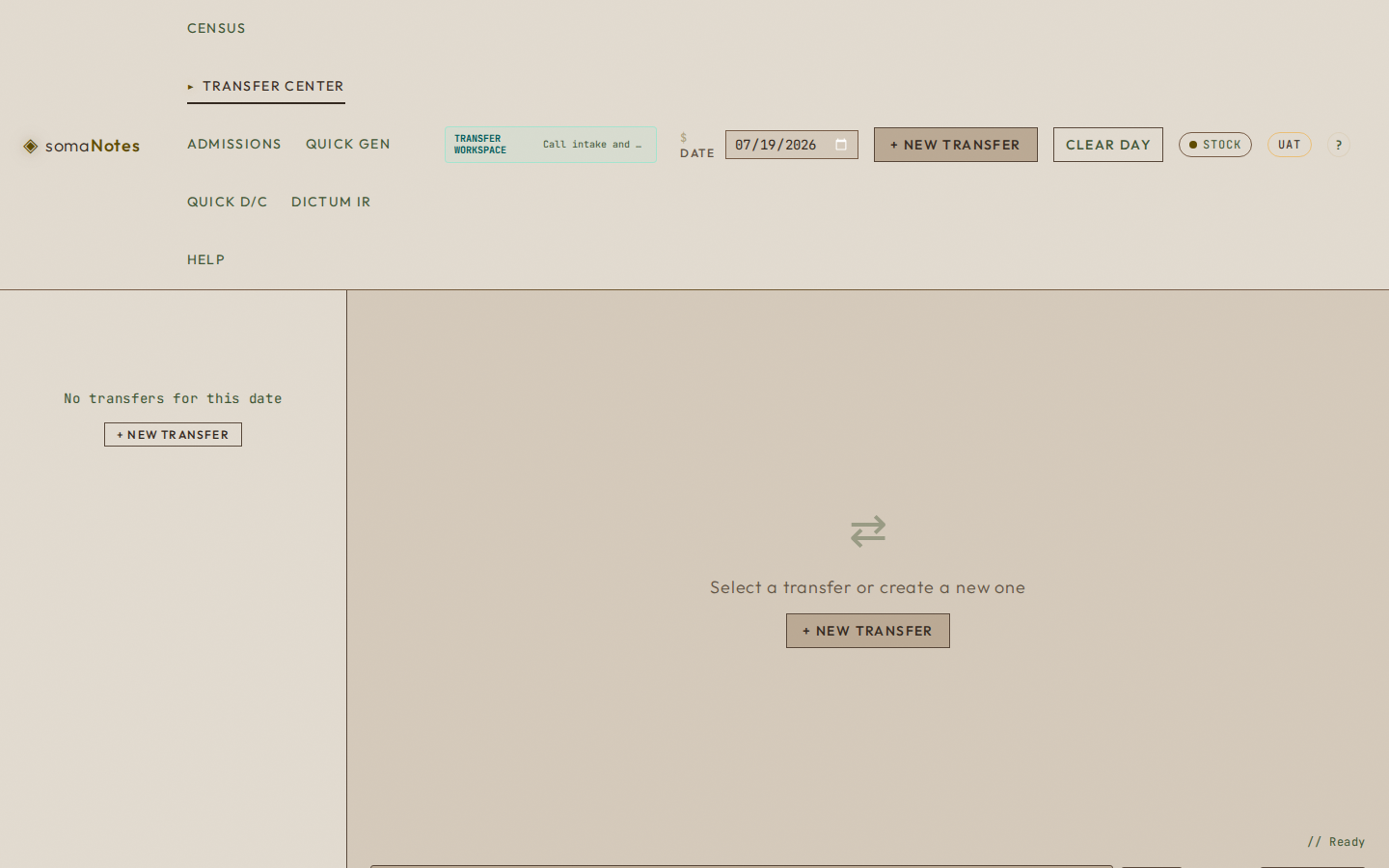 Transfer Center landing page with the New Transfer button visible