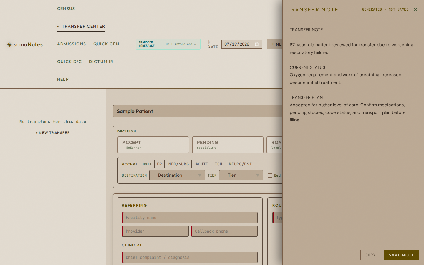 Synthetic generated transfer note drawer showing Generated not saved, Copy, and Save Note controls